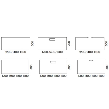 Dimensions et formes de plateau du bureau NOVA Wood à coins rectangulaires.