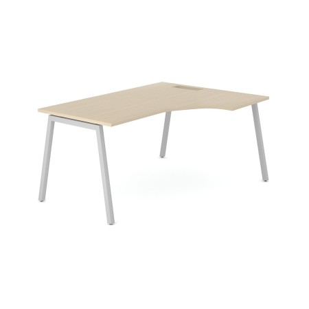 Bureau d’angle courbe Nova A avec plateau clair et piètement blanc.