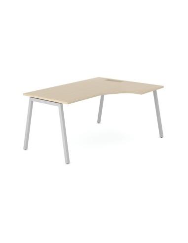 Bureau d’angle courbe Nova A avec plateau clair et piètement blanc.