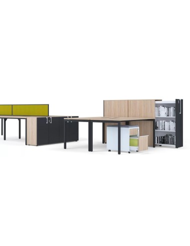 Bureaux modulables avec rangements intégrés et cloisons acoustiques jaunes Nova U bench.