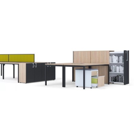 Bureaux modulables avec rangements intégrés et cloisons acoustiques jaunes Nova U bench.