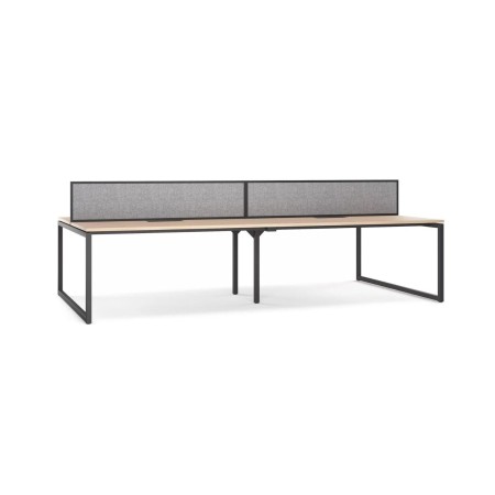 Bureau bench 4 places bois clair avec piètement O métallique noir et écran central gris Nova O.