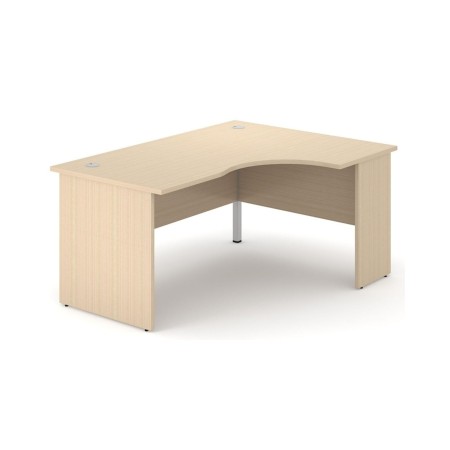 Bureau d’angle Optima Plus en bois clair avec plateau courbe, structure panneau et passe-câbles intégrés.