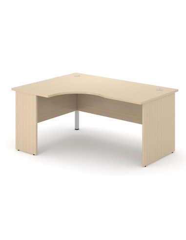 Bureau d’angle bois clair avec retour ergonomique et voile de fond
