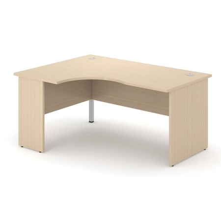 Bureau d’angle bois clair avec retour ergonomique et voile de fond