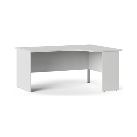Bureau d’angle gris clair avec retour arrondi et voile de fond intégré Optima Plus.