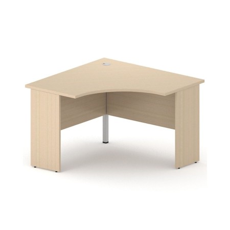 Bureau d’angle compact Optima Plus en bois clair avec plateau courbe, structure panneau et passe-câble central.