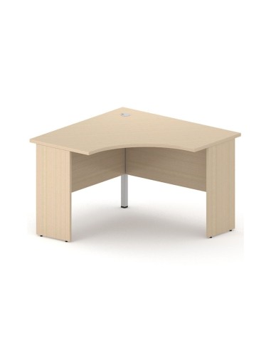 Bureau d’angle compact Optima Plus en bois clair avec plateau courbe, structure panneau et passe-câble central.