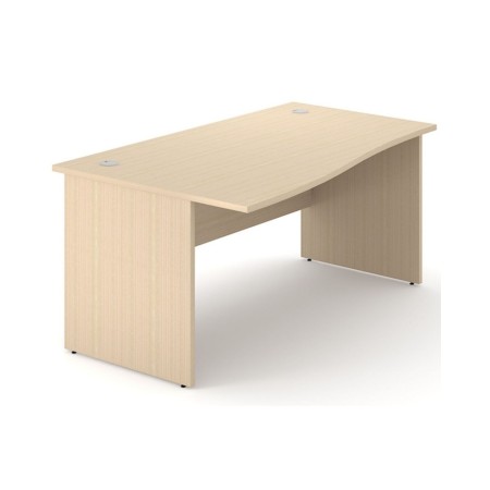 Bureau vague Optima Plus en bois clair avec structure panneau, voile de fond et deux passe-câbles intégrés.