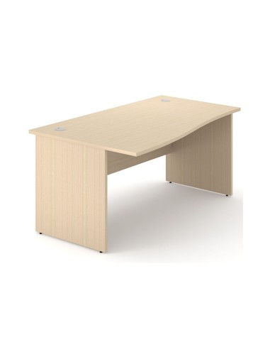 Bureau vague Optima Plus en bois clair avec structure panneau, voile de fond et deux passe-câbles intégrés.