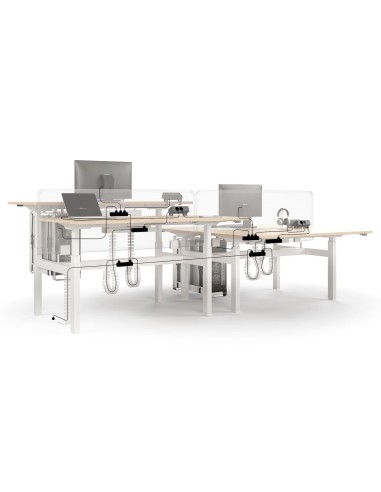 Détail du bench B-ACTIVE avec colonne de câbles, écran séparateur et boîtier prises intégré.