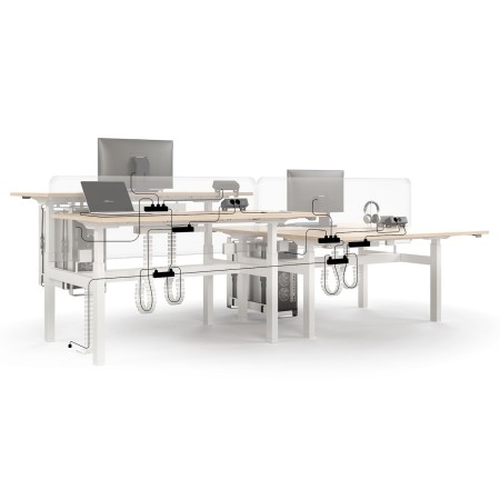 Détail du bench B-ACTIVE avec colonne de câbles, écran séparateur et boîtier prises intégré.