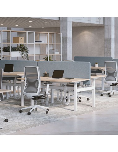 Bureaux bench assis-debout B-ACTIVE avec gestion des câbles dans un espace de travail à Genève.