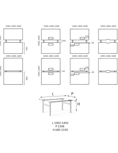 Dimensions du bureau réglable en hauteur assis-debout B-Active.