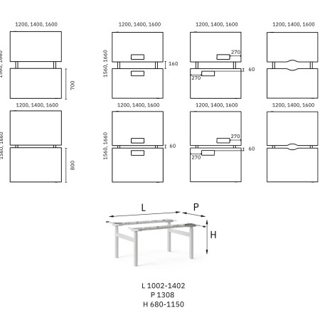 Dimensions du bureau réglable en hauteur assis-debout B-Active.