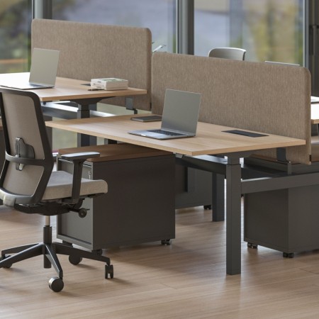 Postes bench réglables en hauteur B-ACTIVE dans un bureau collaboratif à Zurich.