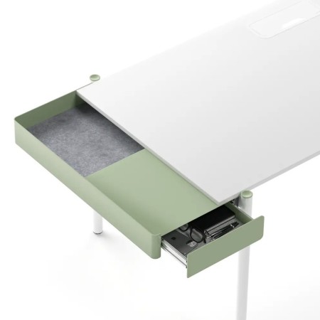 Bureau ZEDO avec plateau blanc et tiroir de rangement vert intégré.