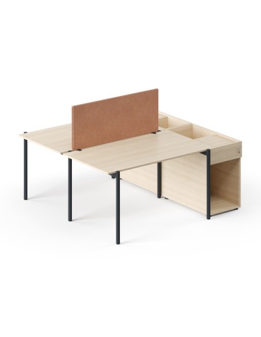 Bench de bureau double en bois clair avec cloison textile et rangements latéraux intégrés Zedo.