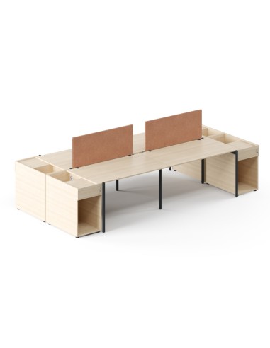 Bench de travail quadruple en bois clair avec séparateurs acoustiques et rangements intégrés Zedo.