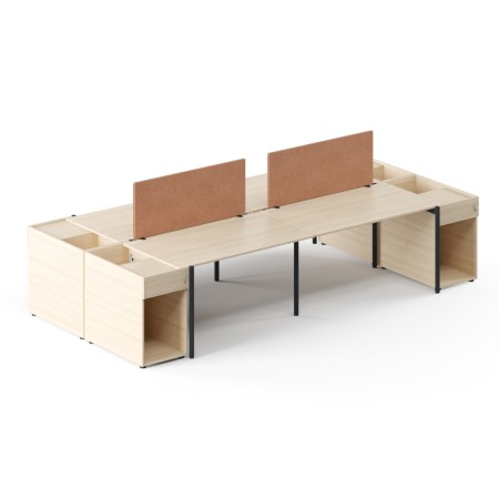 Bench de travail quadruple en bois clair avec séparateurs acoustiques et rangements intégrés Zedo.