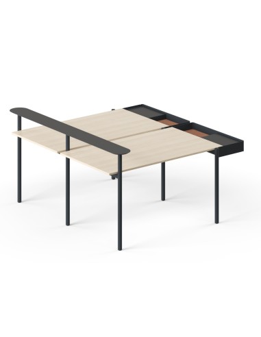 Bench de bureau double en bois clair avec séparateur noir et rangements intégrés Zedo.