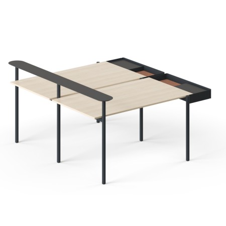 Bench de bureau double en bois clair avec séparateur noir et rangements intégrés Zedo.