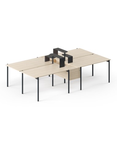Bench de travail 4 personnes avec plateau bois clair et séparateurs noirs design Zedo.