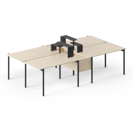 Bench de travail 4 personnes avec plateau bois clair et séparateurs noirs design Zedo.