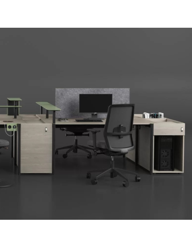 Bench ZEDO 4 places dans un open space design à Lausanne avec écrans PET et rangements intégrés.