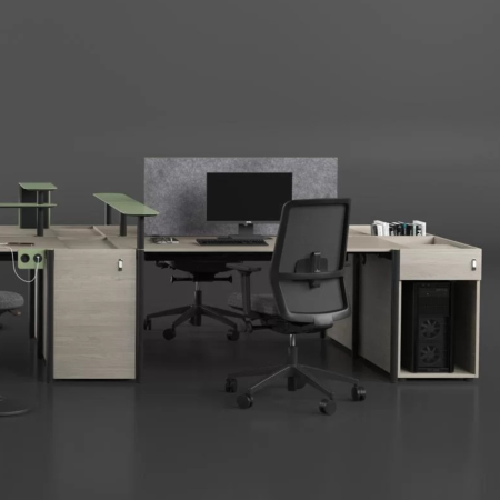 Bench ZEDO 4 places dans un open space design à Lausanne avec écrans PET et rangements intégrés.