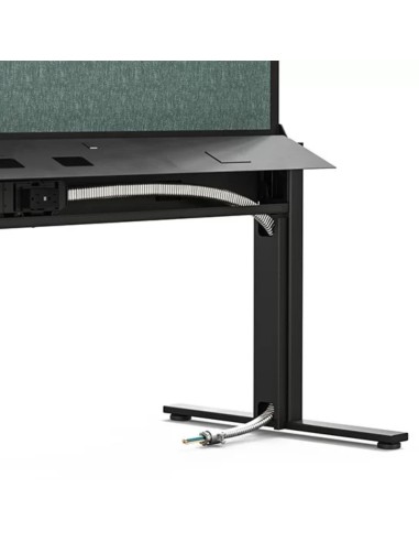 Détail du système MURO avec écran en feutre PET, support et gestion discrète des câbles.