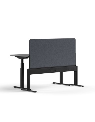 Power beam MURO noir avec écran acoustique gris foncé et prises intégrées pour poste de travail.