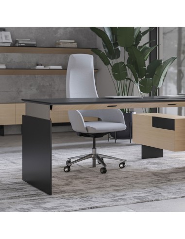 Bureau exécutif assis-debout Move&Lead avec finitions bois foncé dans un bureau de direction à Lausanne.