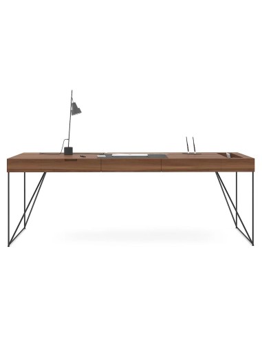 Bureau AIR Executive 2200 mm finition noyer avec piètement métal noir et tiroirs en cuir intégré