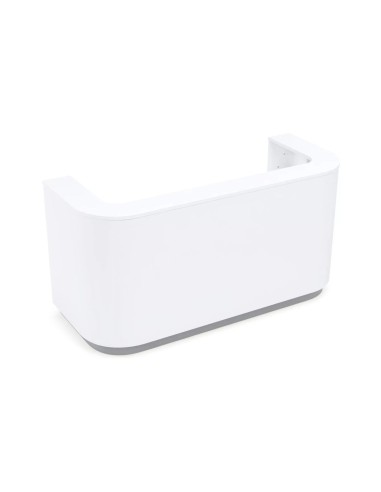 Comptoir d’accueil COSY blanc vu de haut avec tablette supérieure et deux passe-câbles.