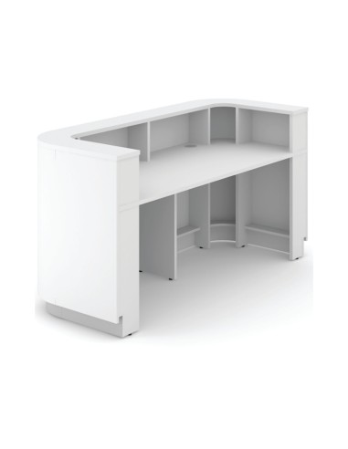 Intérieur du mobilier d'accueil COSY avec rangement et étagères design minimaliste et épuré.