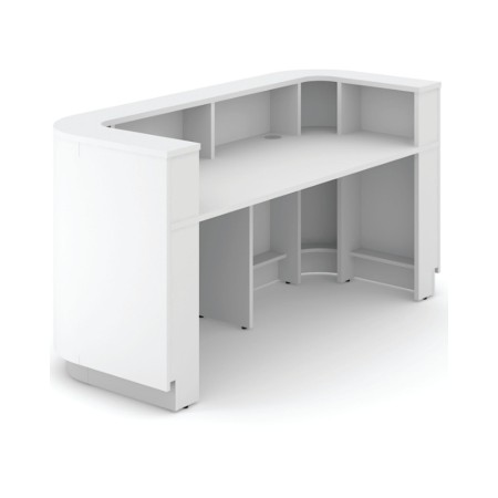 Intérieur du mobilier d'accueil COSY avec rangement et étagères design minimaliste et épuré.