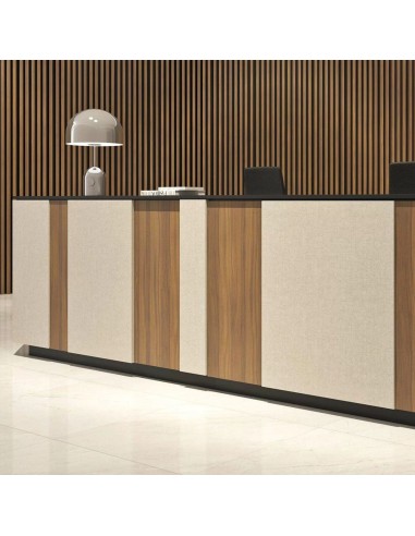 Bureau d'accueil modulaire avec panneaux de couleur et bois Domino pour espaces de réception.