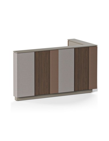 Banque d’accueil DOMINO en L avec panneaux avant modulaires en tissu et bois.