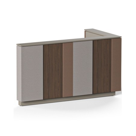 Banque d’accueil DOMINO en L avec panneaux avant modulaires en tissu et bois.