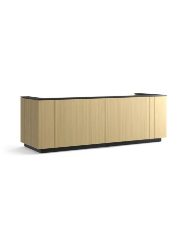 Banque d’accueil ICE en finition bois clair avec plateau noir et façade minimaliste.