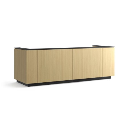Banque d’accueil ICE en finition bois clair avec plateau noir et façade minimaliste.