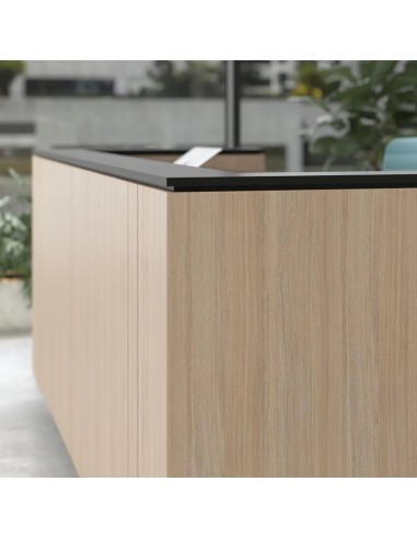 Banque de réception ICE avec plateau noir et façade en bois clair design minimaliste.