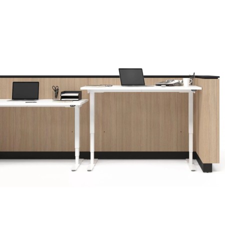 Bureau pour espace d'accueil assis-debout ICE avec façade en bois design.