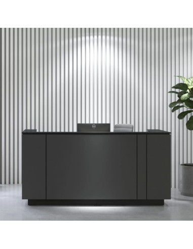 Mobilier d’accueil ICE en finition noire dans un espace de réception à Zurich.