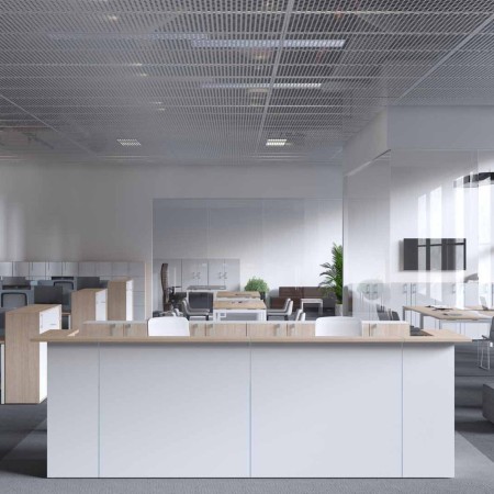 Banque d’accueil NOVA en U blanche avec inserts Plexiglas et plateau supérieur assorti. 2