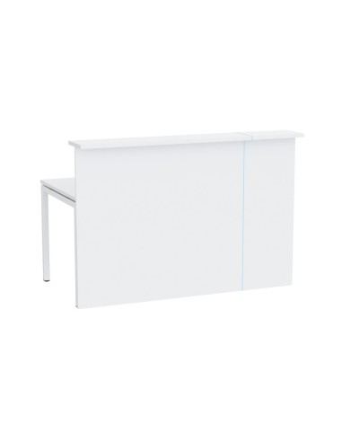 Banque d’accueil droite NOVA blanche sans coins avec insert Plexiglas bleu clair.