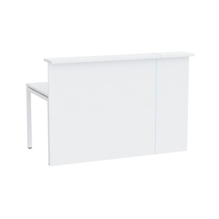Banque d’accueil droite NOVA blanche sans coins avec insert Plexiglas bleu clair.