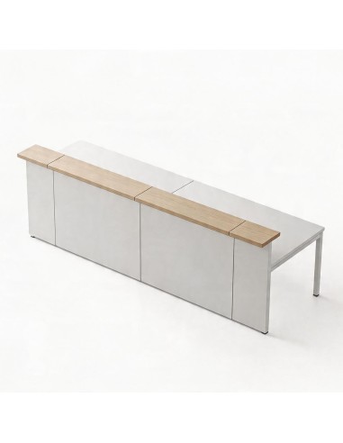 Banque d’accueil droite NOVA vue de dessus avec plateau finition blanc et bois clair.