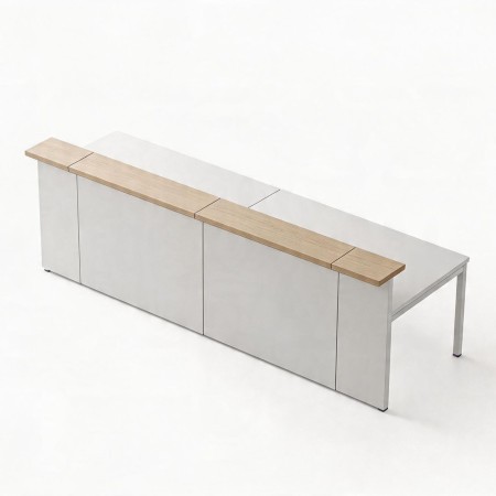 Banque d’accueil droite NOVA vue de dessus avec plateau finition blanc et bois clair.
